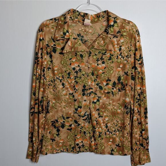 Vintage Floral Blouse Polyester 70's Notch Collar - Picture 1 of 6